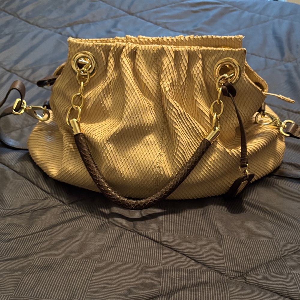 Vintage Cynthia Rowley Cream and Brown Snake Skim Embossed Leather Shoulder Bag